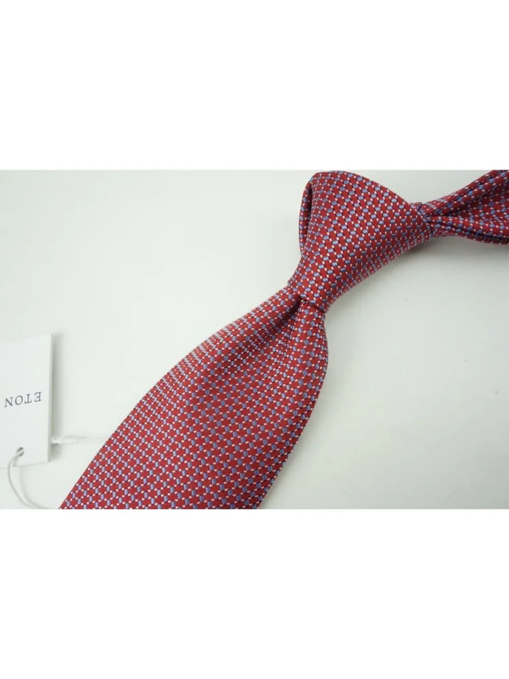 Eton Cherry Red Sapphire Blue Micro Geometric 100% Silk Tie Brand New With Tags